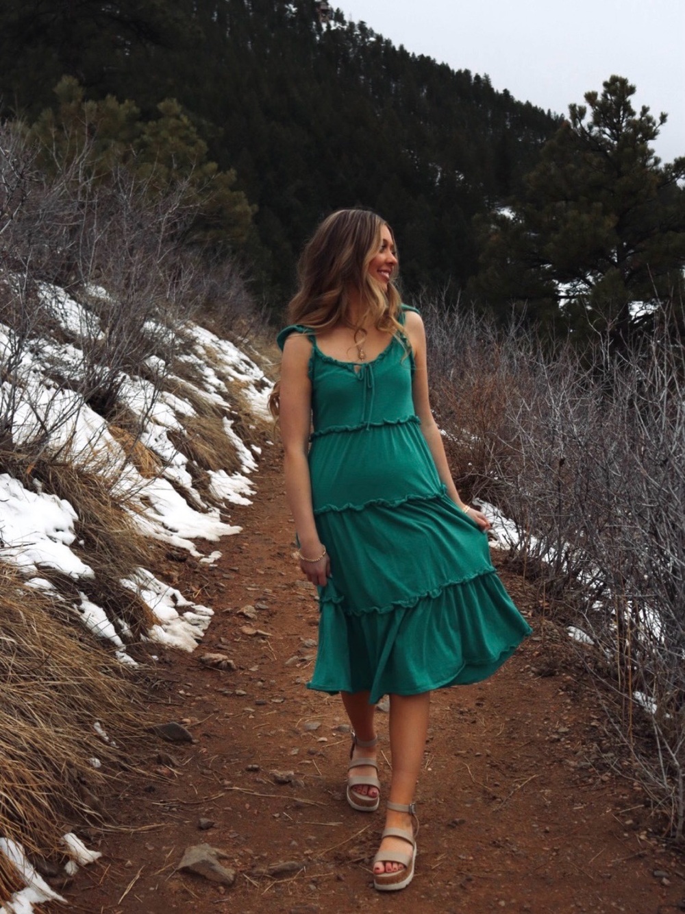 Skies Are Blue Emerald Green Tiered Midi Dress with Tie Straps